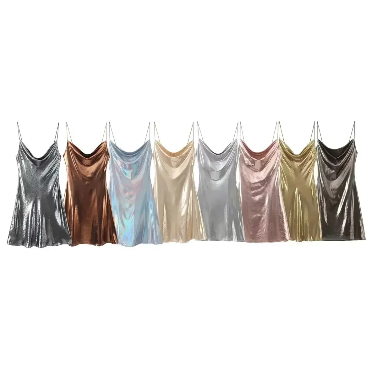 Women New Chic Fashion Metal series Sleeveless Pleated Tight Mini Dress Vintage Backless Thin Straps Female Dresses robe Mujer