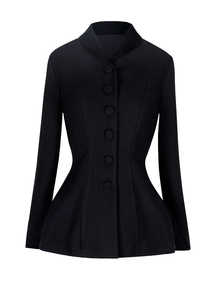 Retro Temperament Slim Autumn And Winter High Waist Long Sleeve Suit Sexy Smoking Cardigan Black Coat Female Office Lady OL