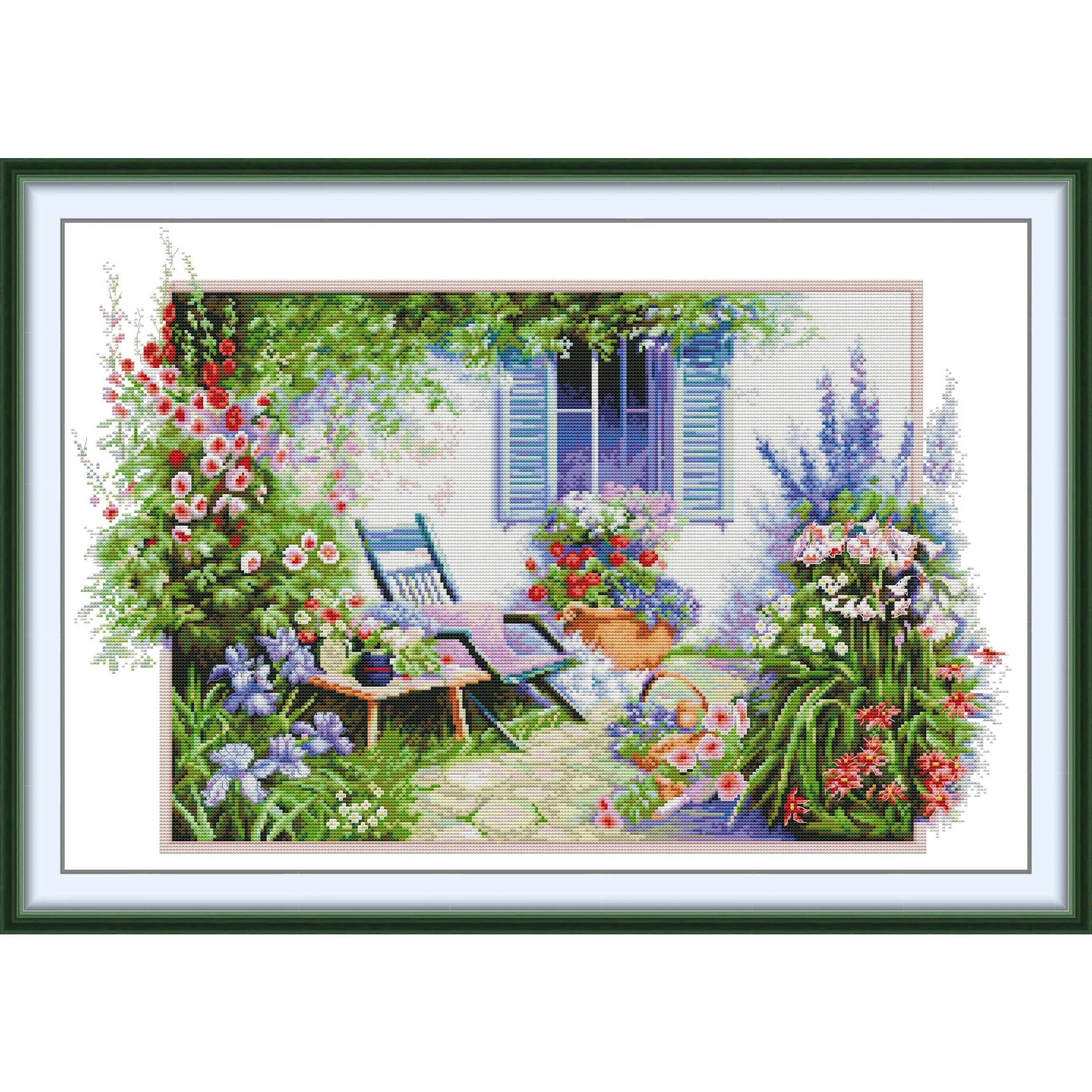 

Joy Sunday Pre-printed Cross Stitch Kit Easy Pattern Aida Stamped Fabric Embroidery Set-A Courtyard Filled with Flowers