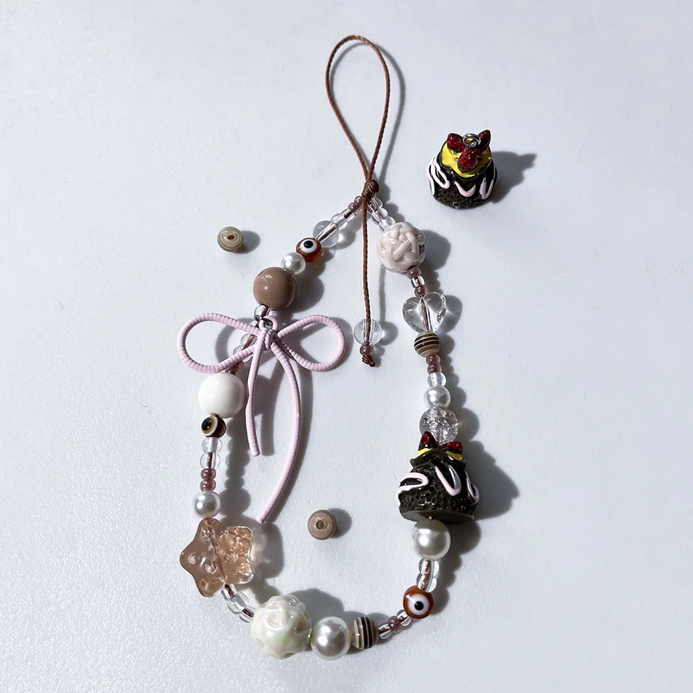 Brown Phone Charm Strap Chocolate Cake Cute Pink Alloy Bow Glass Star Pearl Bead Autumn Jewelry for Keychain Camera Wallet Decor