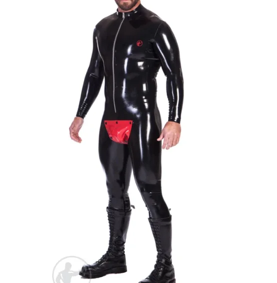 

NEU 100% Latex Rubber Gummi Uniform Catsuit Ganzanzug tight Crotch red stopper