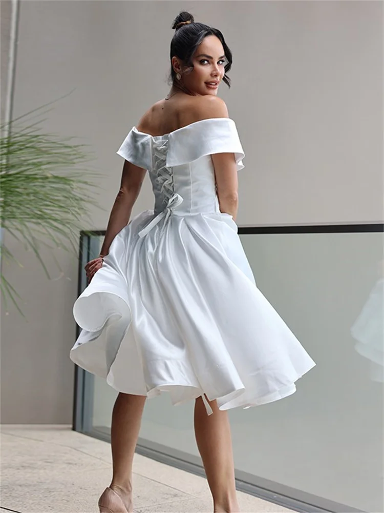 Simple Short Wedding Dress 2024 A Line Off Shoulder Satin Bridal Gown Pleated V Neck vestidos novias boda