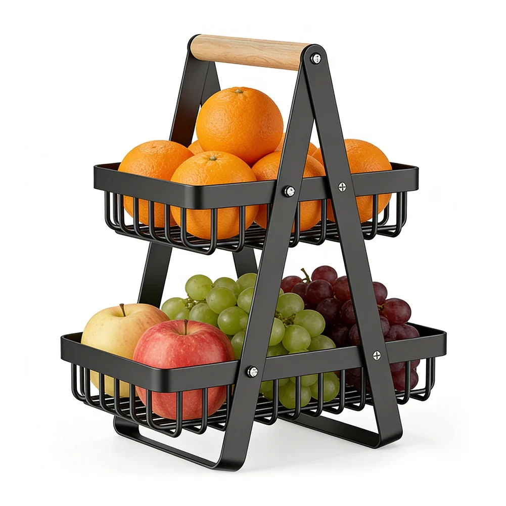 Cesto per frutta a 2 e 3 livelli, scaffale per verdure, cesto per pane con manico in legno, scaffale multifunzionale per riporre oggetti, ideale per cucine, casa e ufficio.
