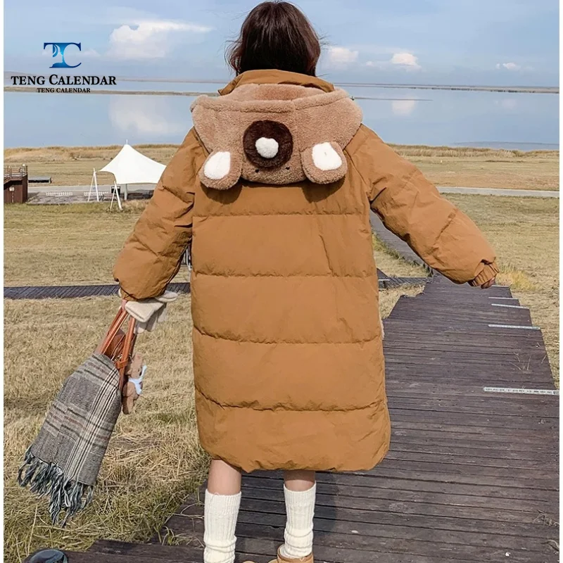 Medium to long coffee colored down jacket, playful anti-aging teddy bear hooded patchwork warm jacket, women  winter new style