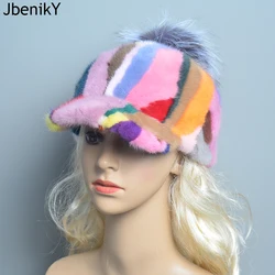 Hot Sale Women Natural Mink Fur Hat Brim Baseball Cap Fox Fur Pompom Women Winter Elegant Stylish Warm Caps