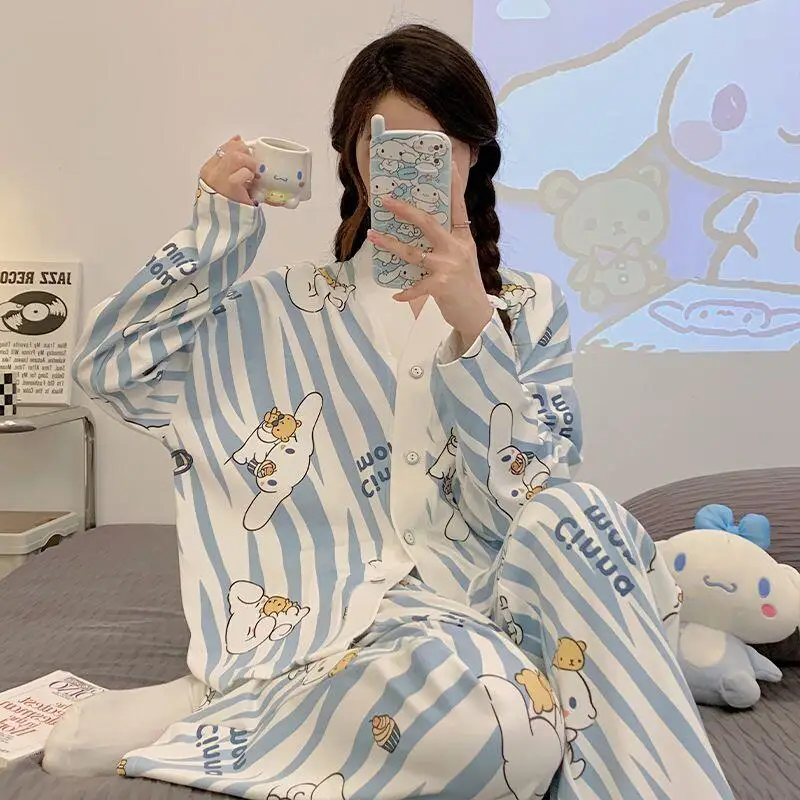 Sanrio Lady Pajamas 2 Piece Cinnamoroll Sleepwear Pants Long Sleeve Pyjamas Spring Pijama Cartoon Nightwear Student Home Clothes