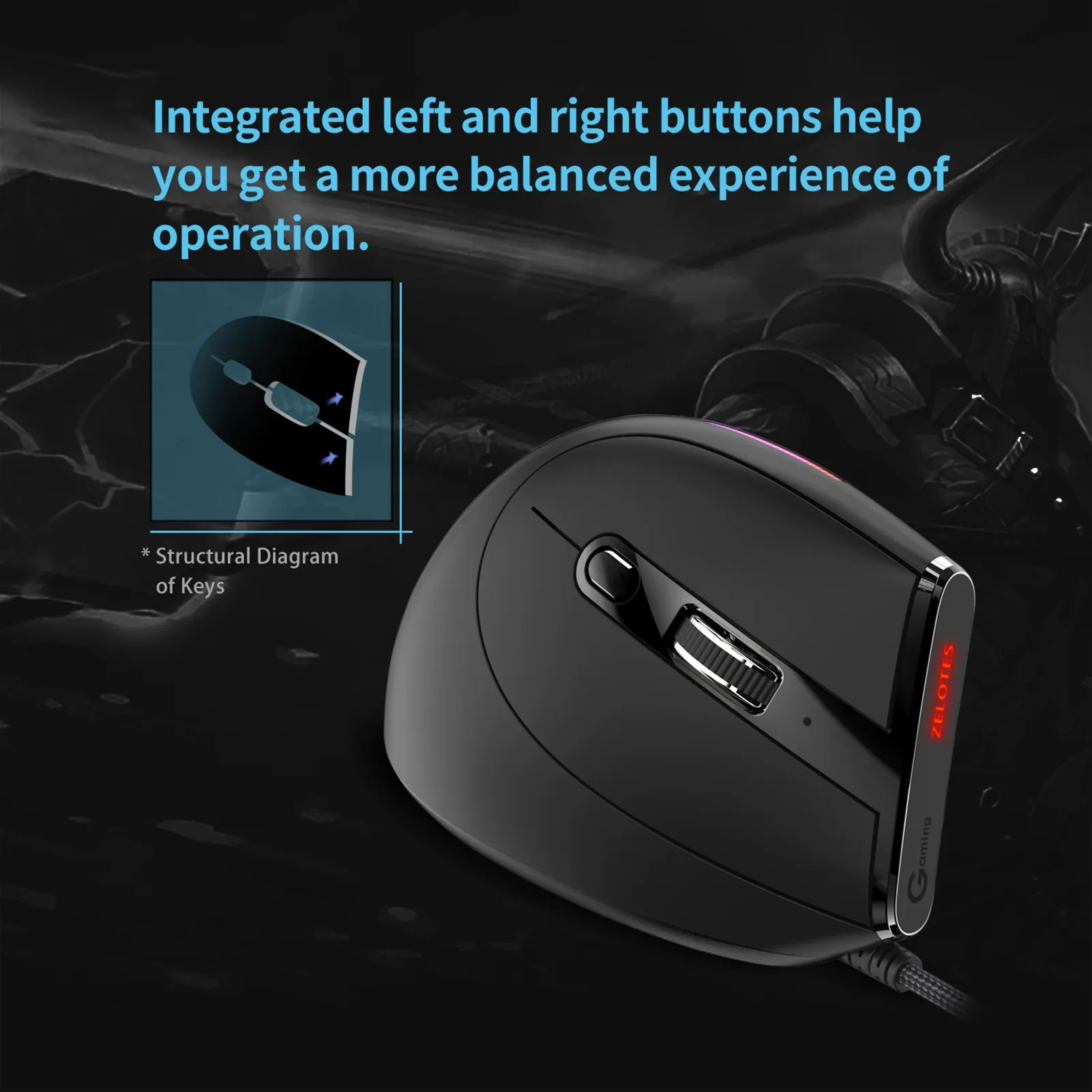 ZELOTES T-50 vertical mouse Wired mouse 9 keys RGB optical mouse 6 gear movement speed Ergonomic design black