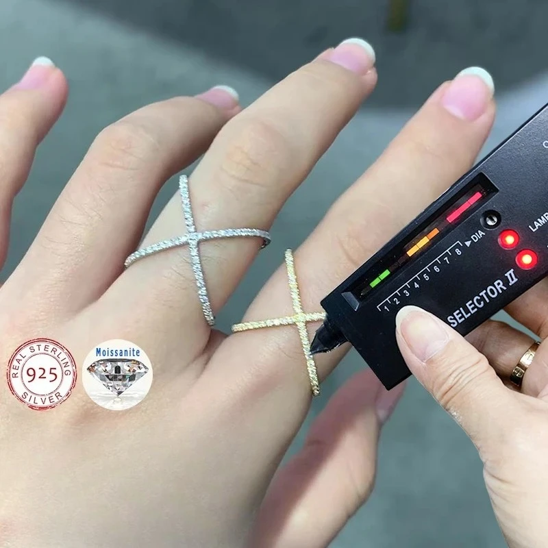 

WSHUO 0.25CT X-shaped Moissanite Row Rings D Color Cross for Women S925 Silver Plated 18k Gold Diamond Wedding Band Fine Jewelry