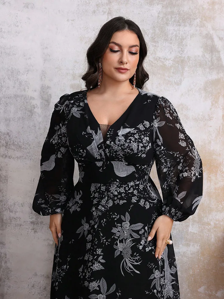 TOLEEN-Plus Size Women\'s Random Floral Printed Dress, Casual, Elegant, V-Neck, Mesh, Party, Evening, Long Dresses, New in, 2024