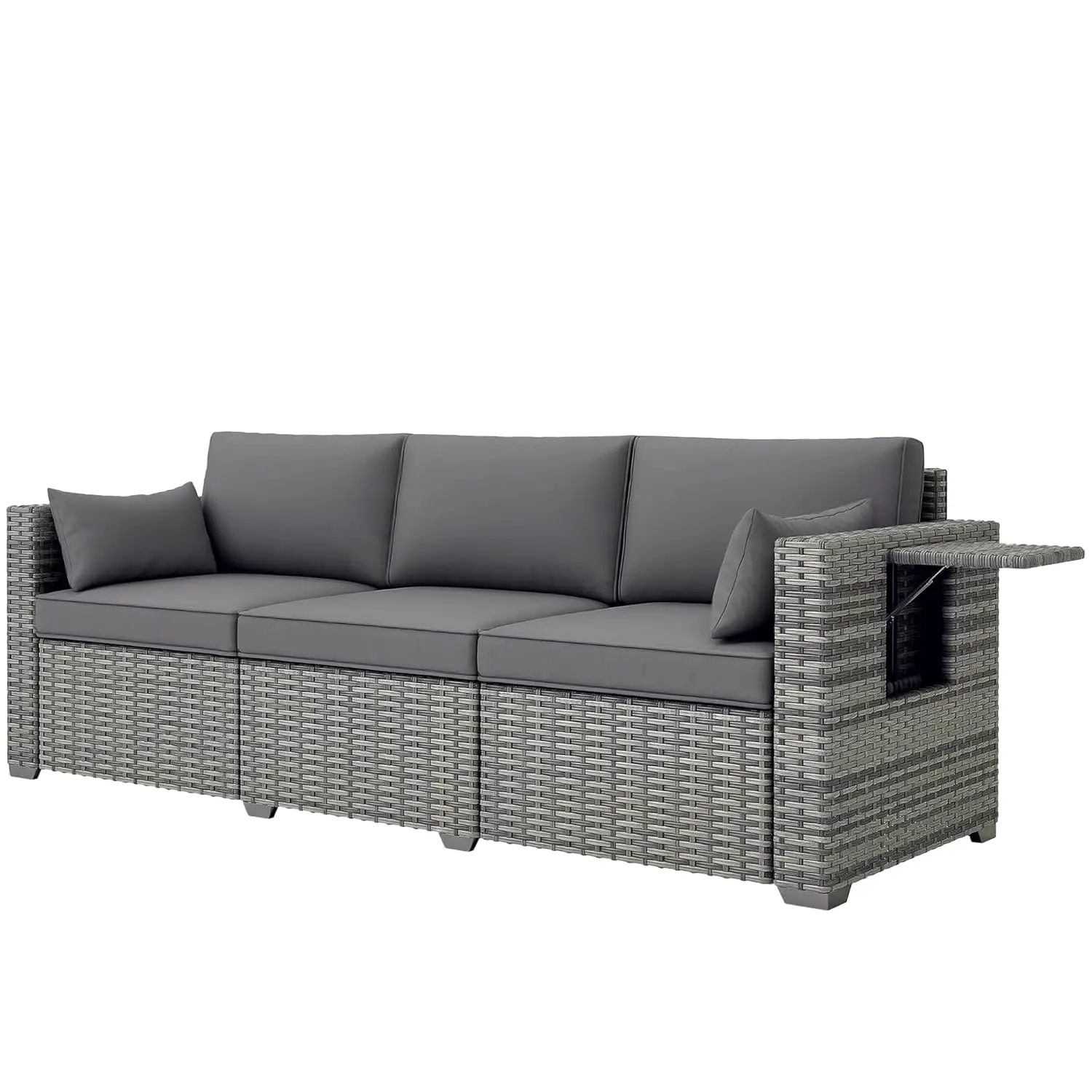 

3 Seater Wicker Sofa Side Tray Tables 6in Thick Cushions Deep Seating Pillows Patio Garden Backyard Gray,Customized