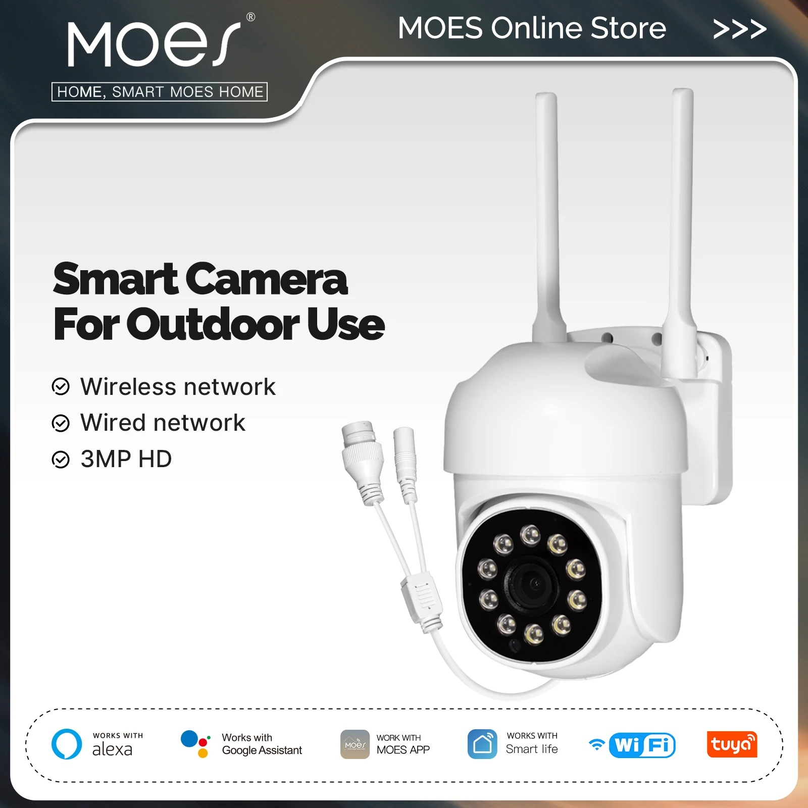 

MOES Tuya WiFi 3MP Smart Security Camera Support Wireless &Wired RJ45 Network IP65 Waterproof Motion Tracking Full Color Night