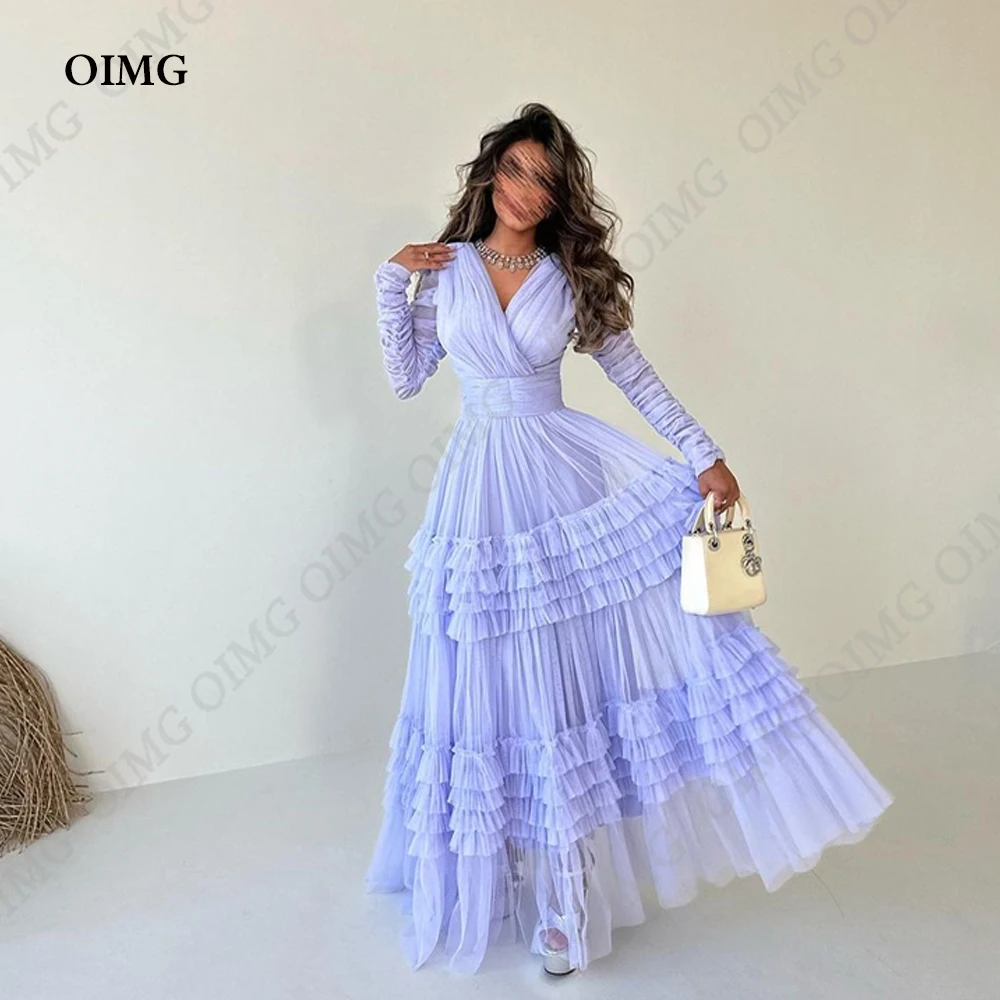 

OIMG Lavende Purple Tiered Tulle A Line Evening Dresses Full Sleeves V Neck Pleated Prom Dress A Line Bride Party Gowns Vestidos