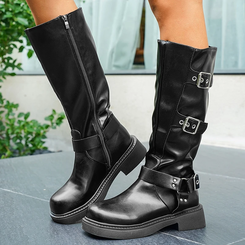 Women's Adjustable Buckle Riding Boots with Side Zipper Fashion Black PU Leather Knee High Boots Women Autumn Winter Long Botas