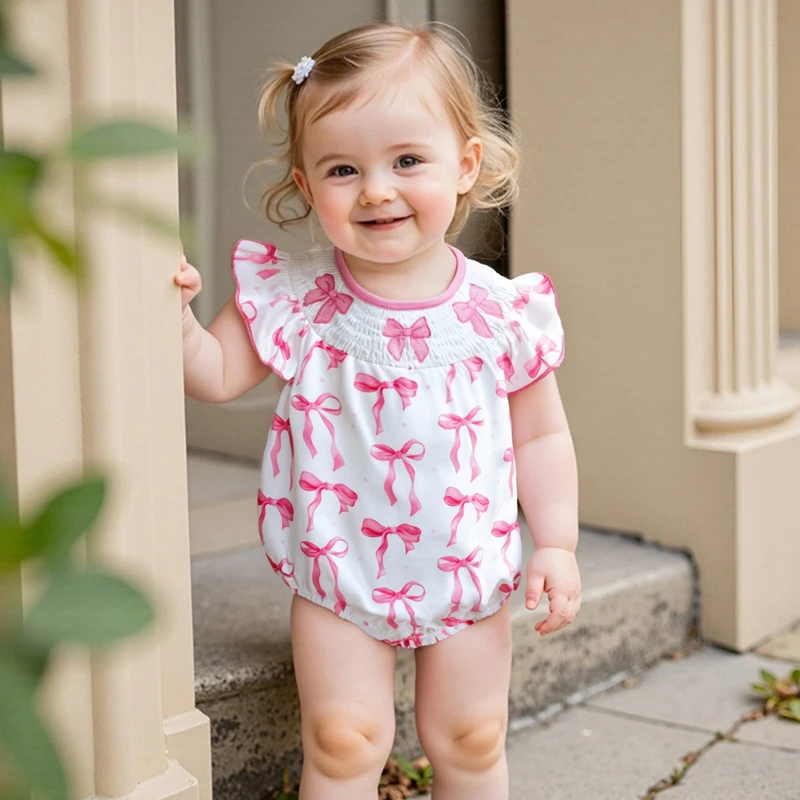 

Baby Clothing Girls Romper, Fly Sleeve Crew Neck Bow Print Embroidery Infant Bodysuit 4th of July Outfits