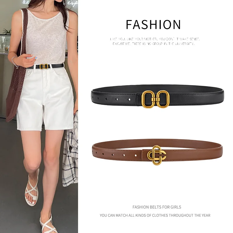 

New Women's Belt Versatile Retro Bronze Buckle Cowhide Thin Belt2.3Simple and Elegant Decorative Dress Suit