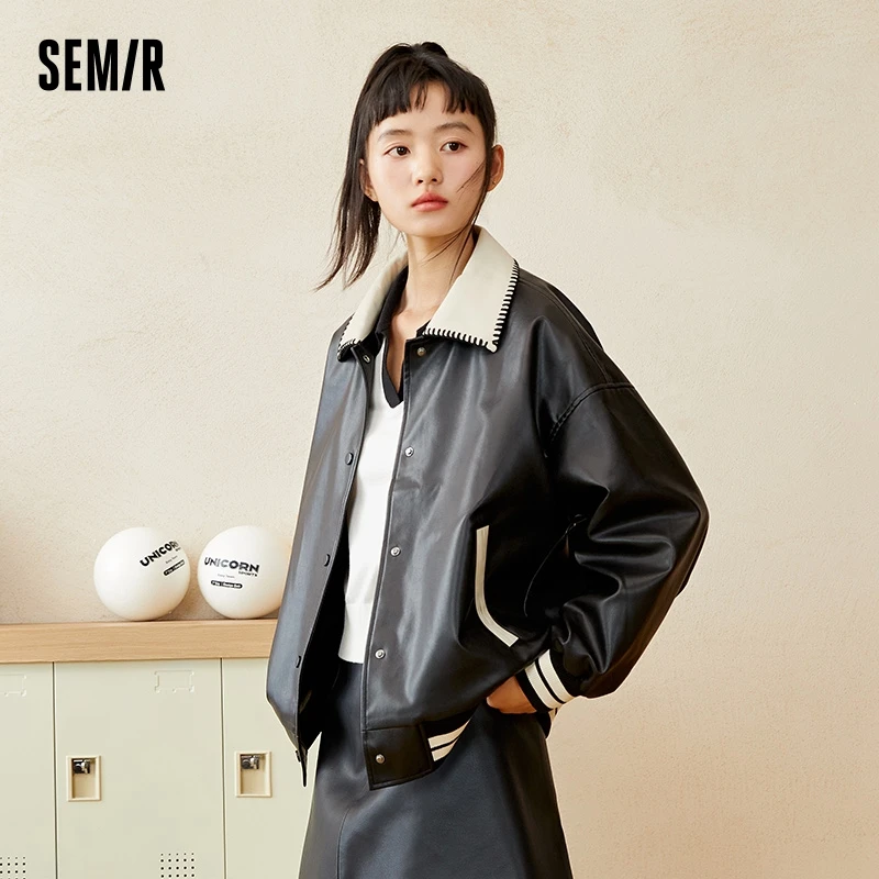 Semir Jacket Women Lapel Contrasted Color Temperament Autumn 2023 New Loose Trendy Chic PU Imitation Leather Jacket