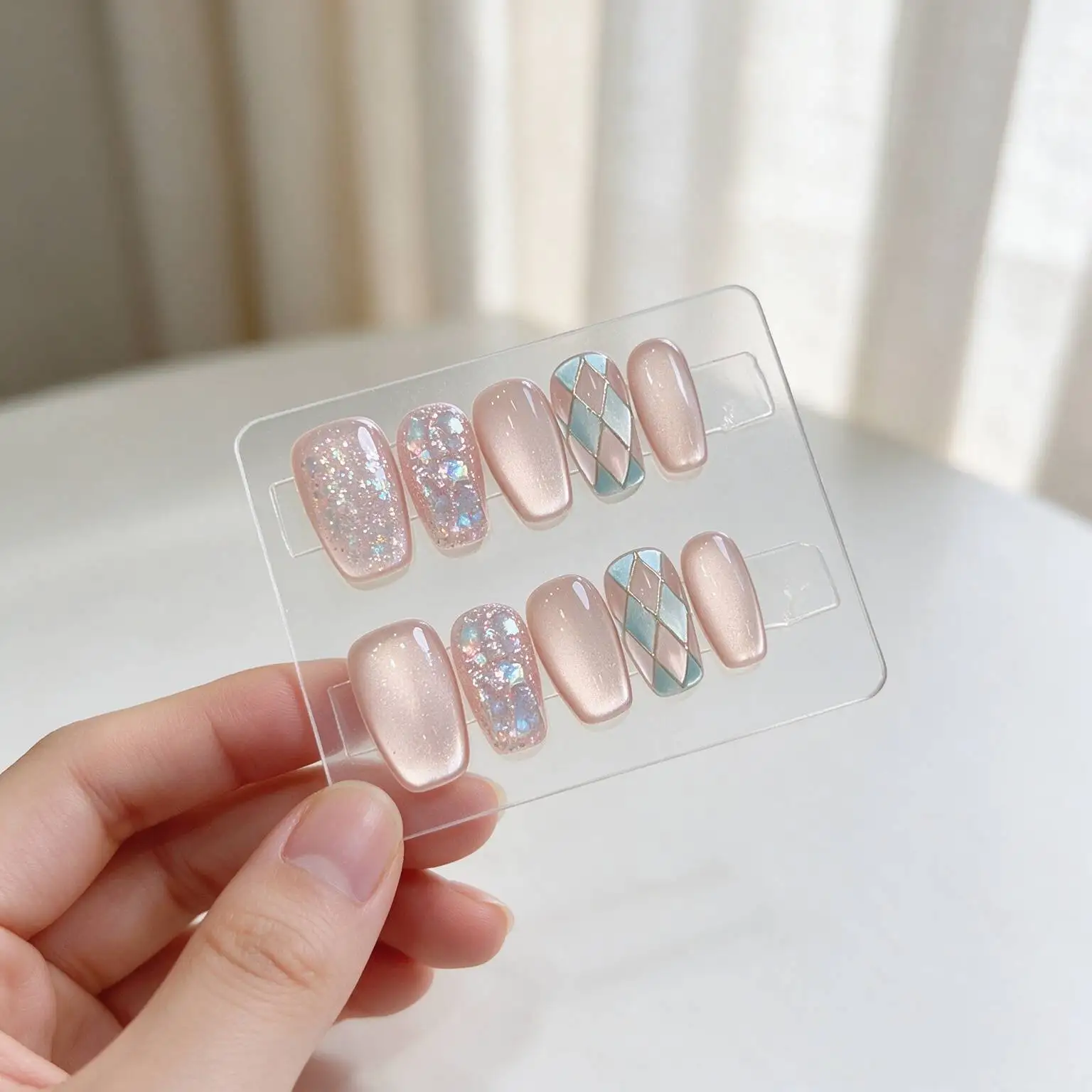 10pcs Medium Square Handmade Press On Nails Nude Pink Cat Eye Fake Nail Blue Pink Argyle Diamond Lattice Gold Line False Nail