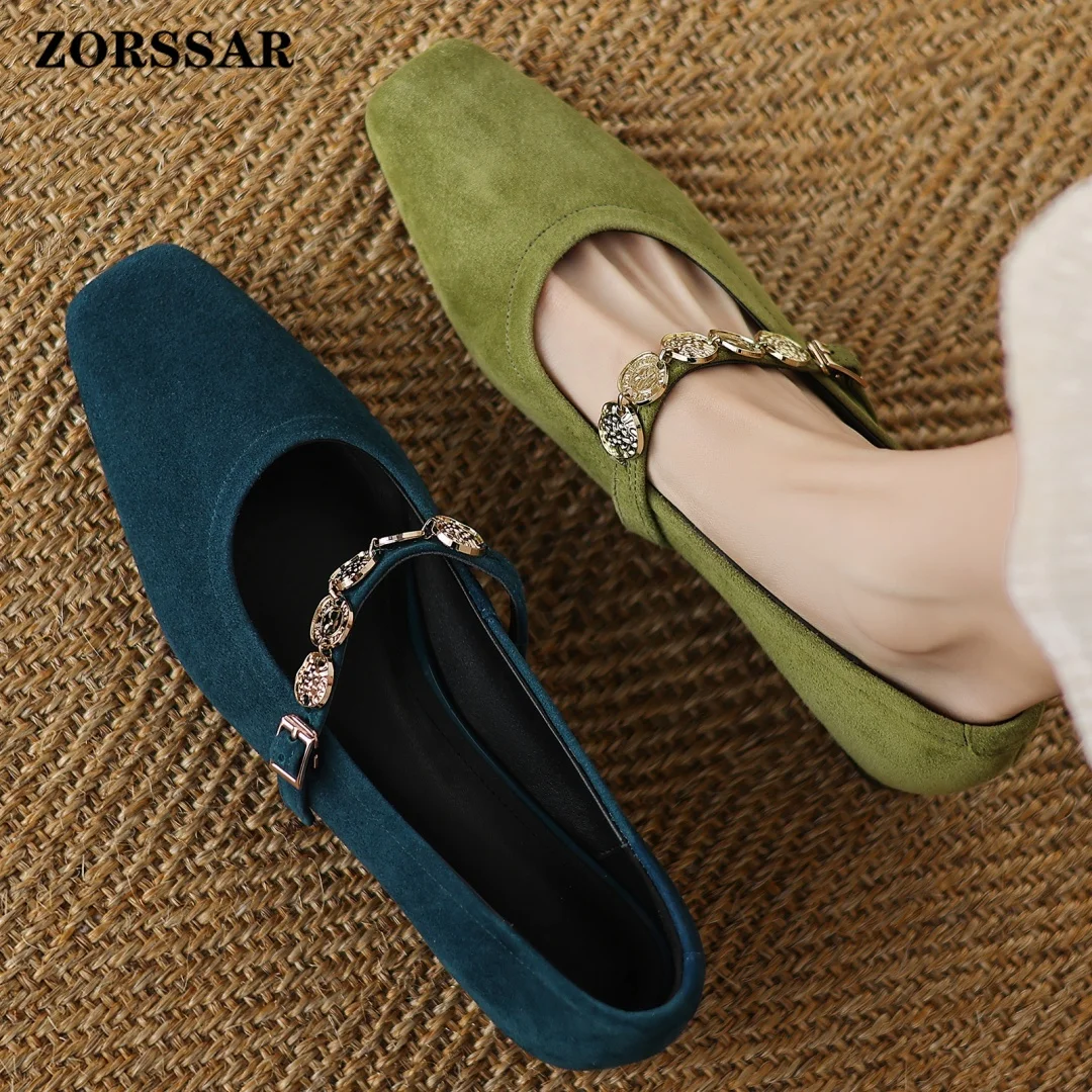 

Женские туфли Мэри Джейн больших размеров (34-41) из натуральной замши с металлической пряжкой, квадратным носком, без застежки, на плоской подошве, высококачественные, мягкие и удобные