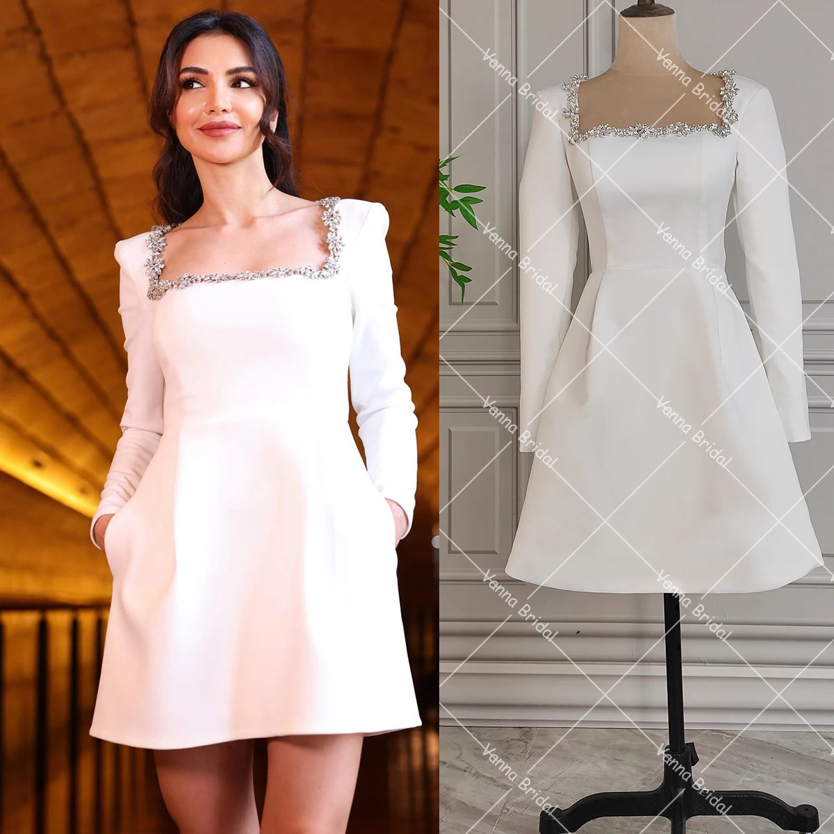 Personalizado strass embelezado pescoço quadrado mini vestidos de noiva totalmente forrado mangas compridas cetim espartilho desossa vestido de casamento