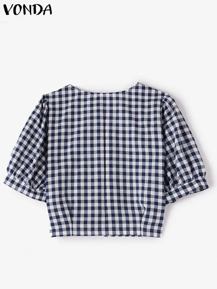 VONDA Fashion Plaid Blouse Women Shirts 2024 Casual Loose Short Sleeve Buttons Summer Tops Short Puff Sleeve Blusas Femininas