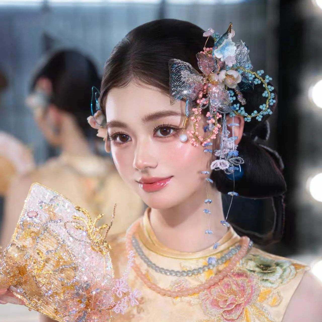 Blue Pink Flower Bridal Headpiece Chinese Vinatge Long Tassel Forest Style Cheongsam Morning Robe Wedding Head Accessories