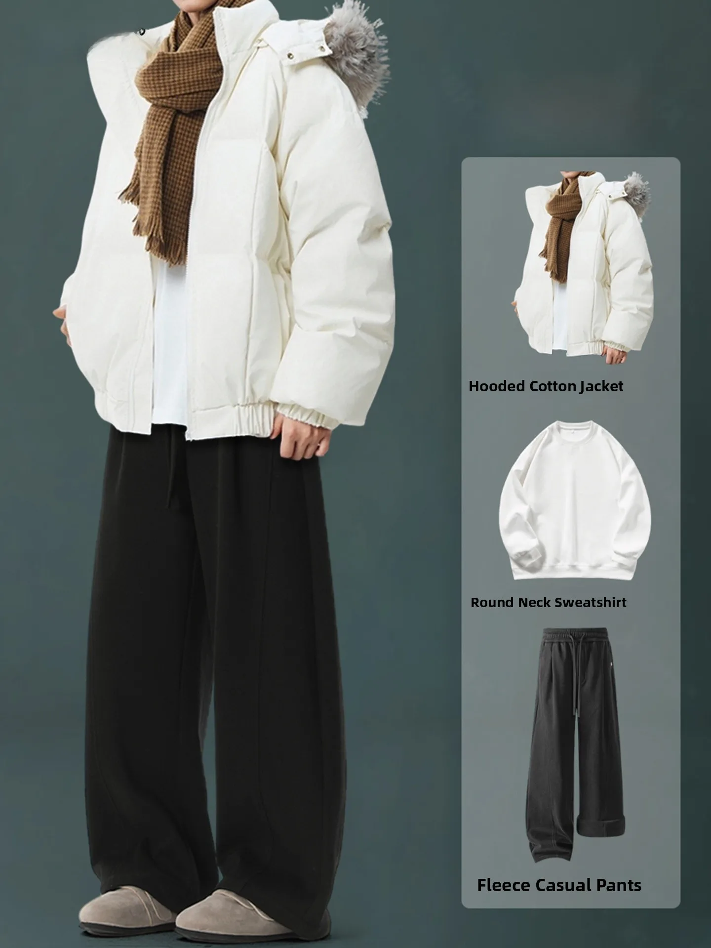 

Trendy Men's Winter Thiened Hooded Cotton Jaet PU Leather Bread Sle Coat Cool Casual Pants Set Square id Design