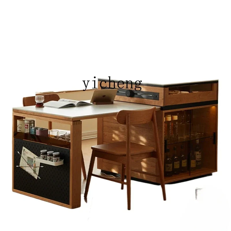 cherry wood island table integrated square multi-functional cream wind solid wood retractable bar table home accessories