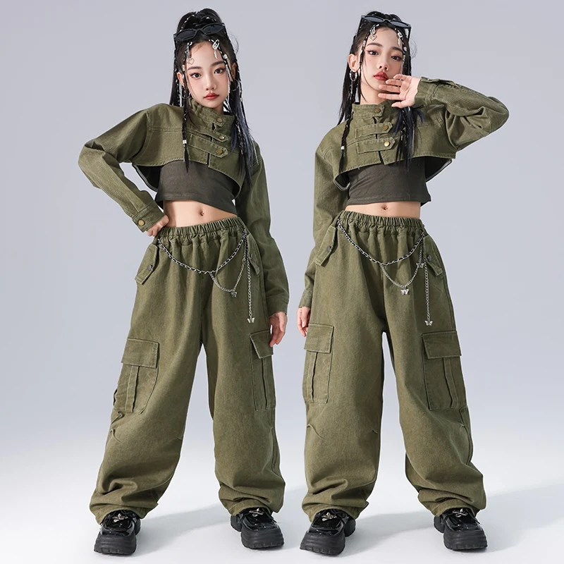 Trajes de baile moderno de Jazz para niñas, Tops cortos verdes, pantalones sueltos, ropa de calle, ropa de actuación en escenario de Hip Hop, DQS17736, novedad de 2024