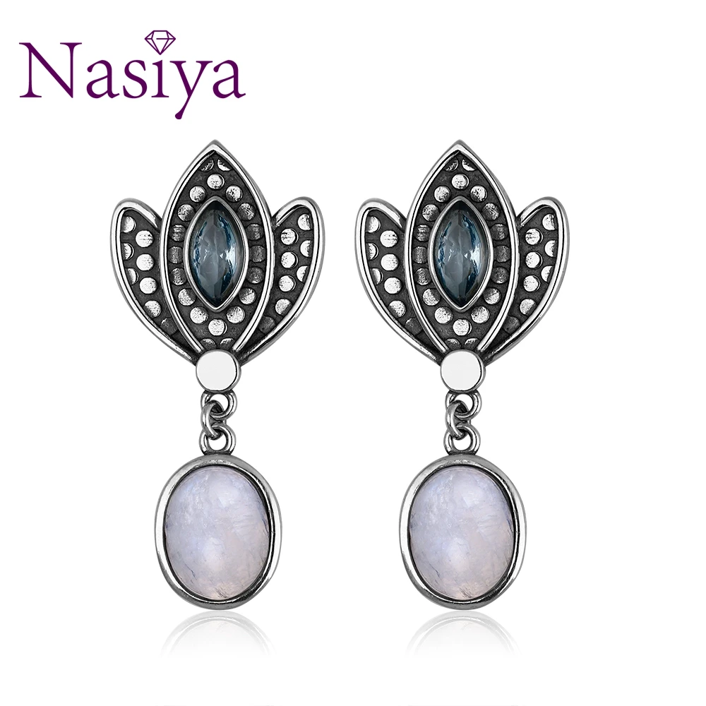 

Nasiya Crown Shape Earrings With Moonstone And Blue Zircon For Women Gemstones Silver Jewelry Gifts Wholesale Dropshipping