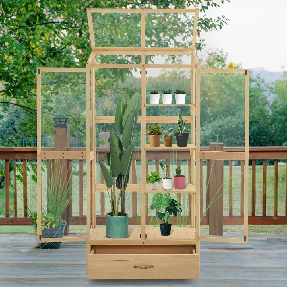

Cold Bed Greenhouse, Tall Wooden Greenhouse, Made of Polycarbonate Panels, Three-tiered Garden Cold Bed with Drawers and Shelves
