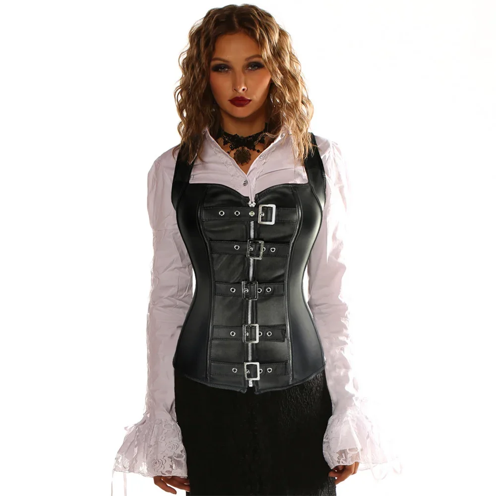 Damen Kunstleder Korsett Top Schultergurt Mieder Schwarz Reißverschluss Schnallen Bustier Taille Trainer Weste Steampunk Korsett Vollbrust