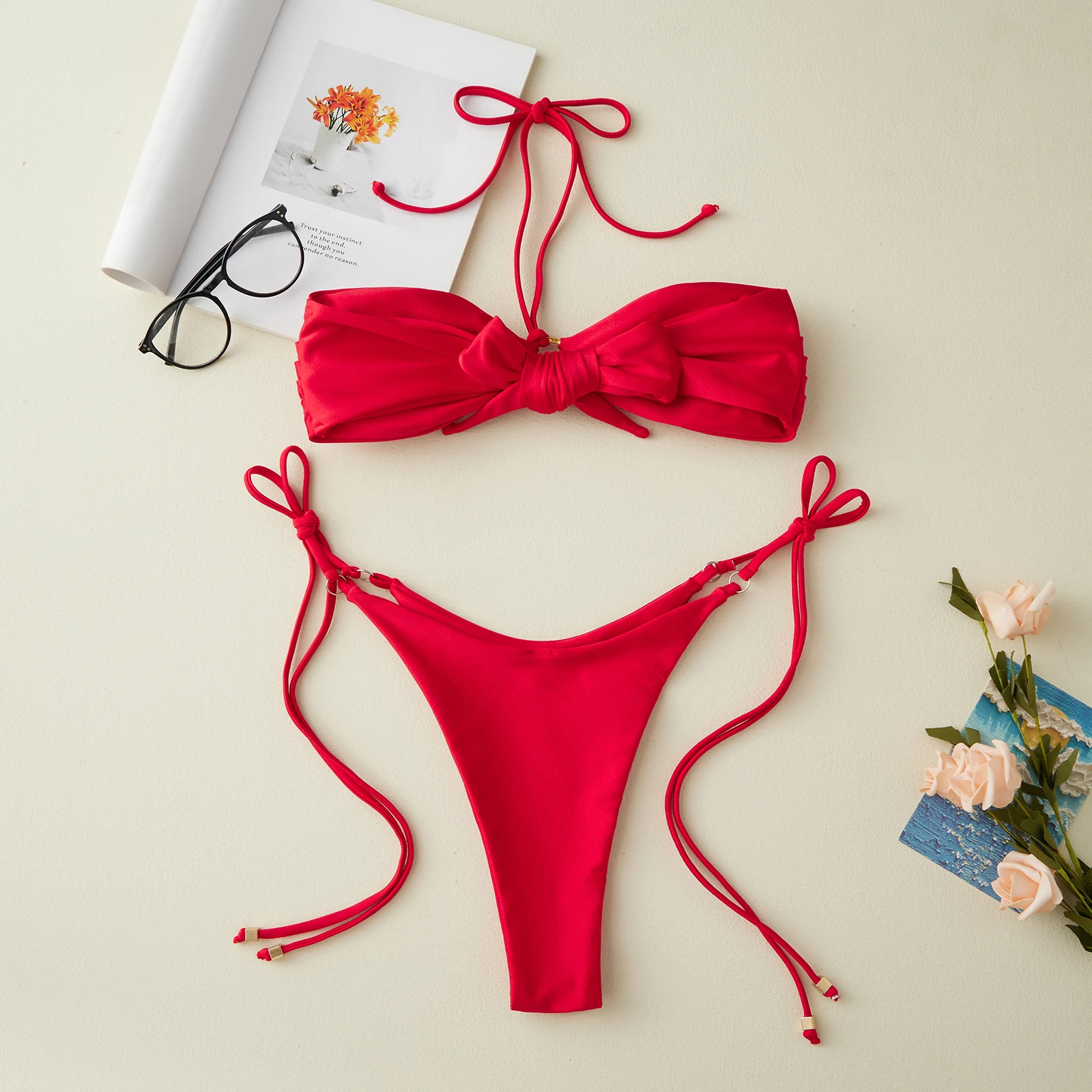 

Women's Summer Solid Color Bikini Set Metal Ring Strapless Bandeau Swimsuit Tie-up Low Waist Swimwear Summer Beach Bathing Suit