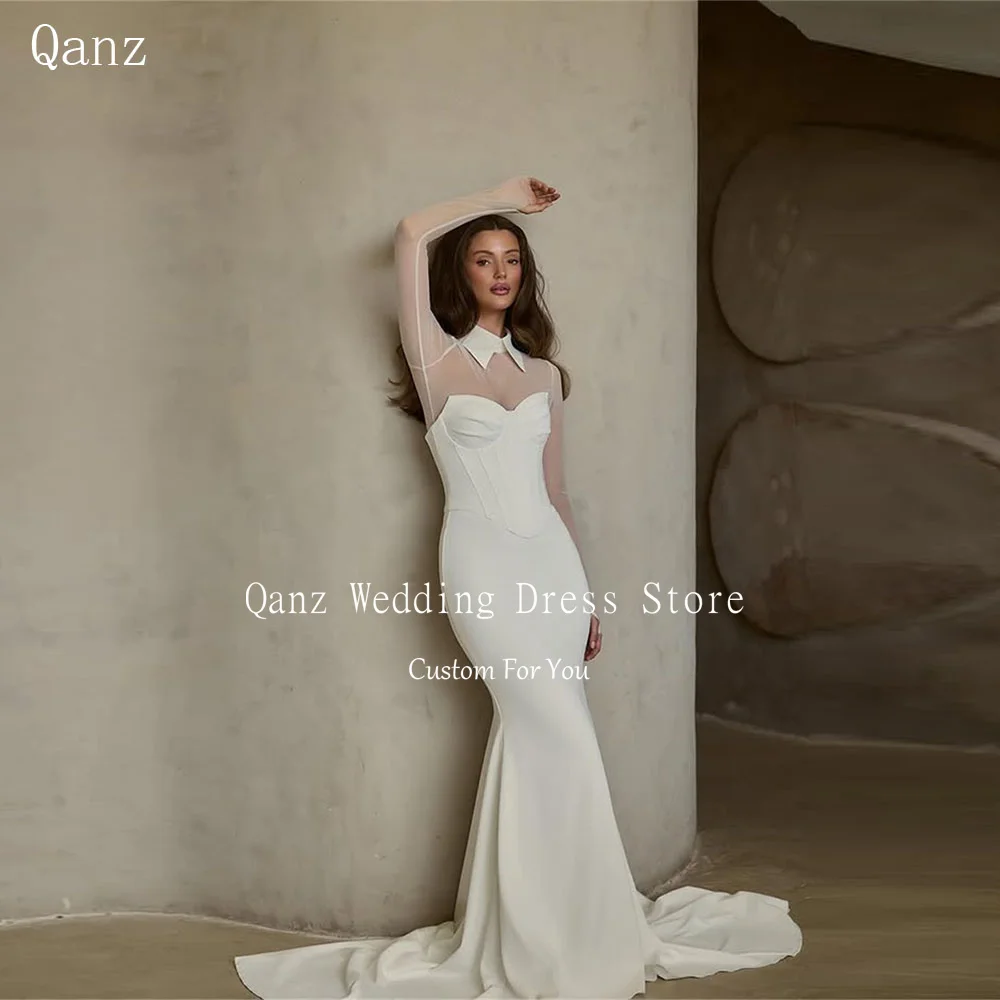 Qanz Unique Design Ivory Wedding Dress Mermaid Vintage Satin Sheer Long Sleeves Vestidos De Novia Robe De Mariée 2025 Customized