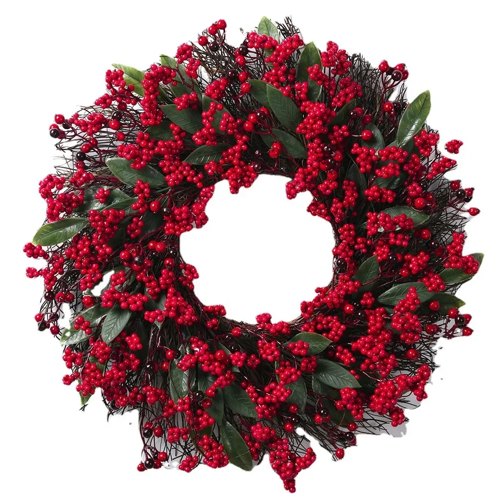 Loeoi Christmas Decoration Wreaths for Front Door Handmade Cypress Leaf Red Berry Pine Wreath Xmas Home Wall Window Decor