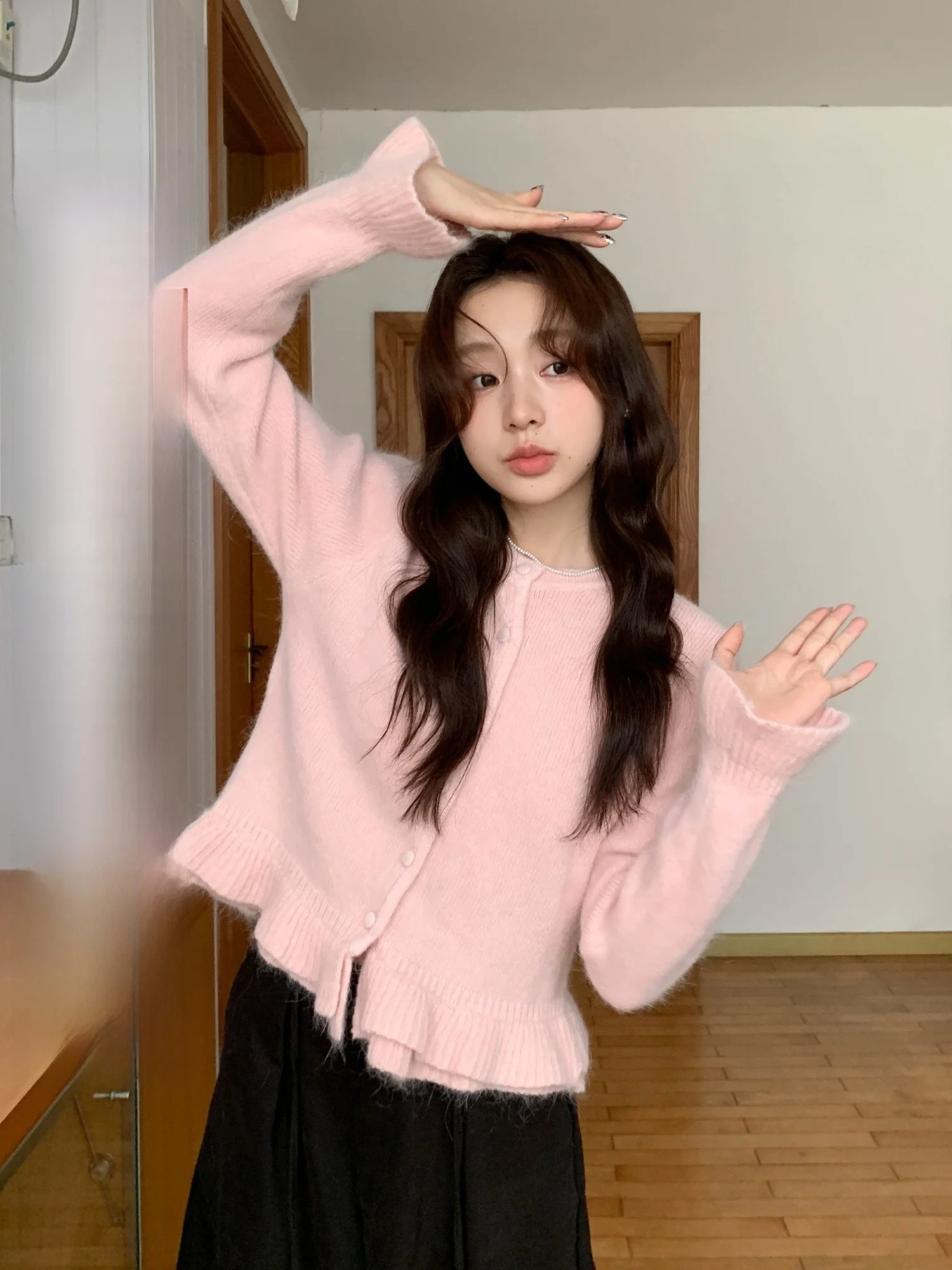 

Pink Rabbit Fur Knitted Sweater Coat Women's Thi Winter Korean Sle Lazy Faion Loose Fit Warm Cardigan Long Sve round...