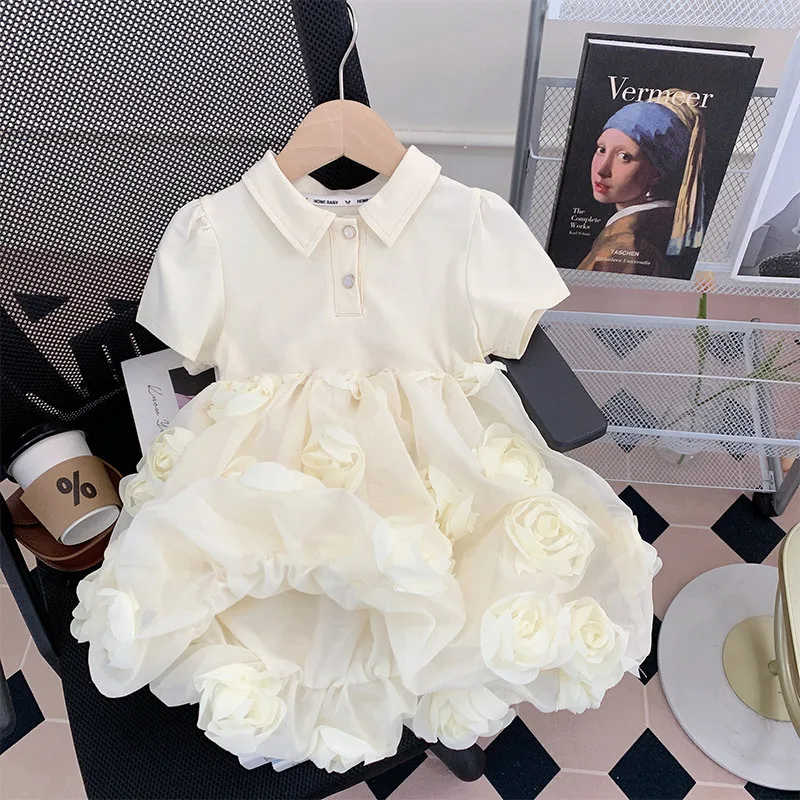 Girl's Three-dimensional Rose Flower Dress Summer Street Kids Outfit Children's Fluffy Skirt Baby's Polo Collar Princess Dress
