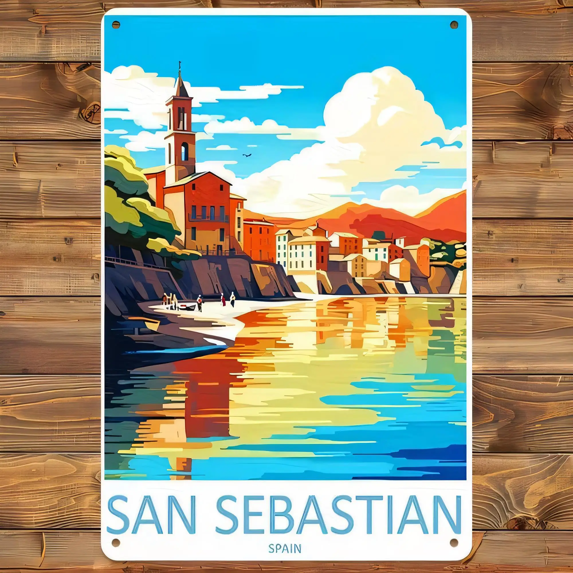 Tin Sign, San Sebastian Spain Seaside Port Sunset Ocean Waves Retro Vintage Metal Wall Plaque for Home Bar Cafe Hotel Decor,  St