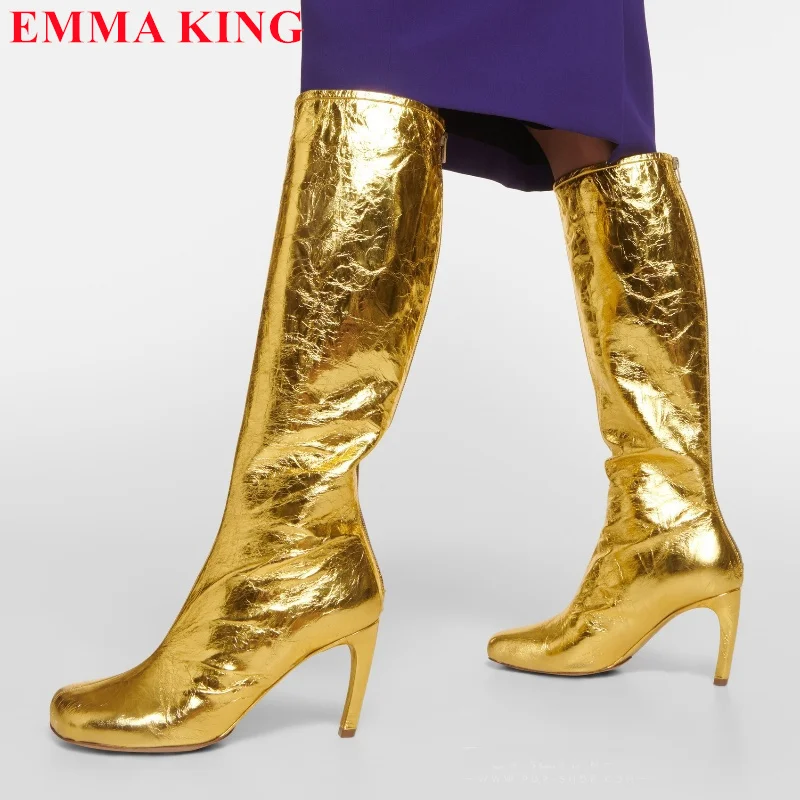 

2024 New Square Toe Women Knee High Boots Fashion Gold Silver High Heels Knight Boots Autumn Party Dress Shoes Woman Large Size