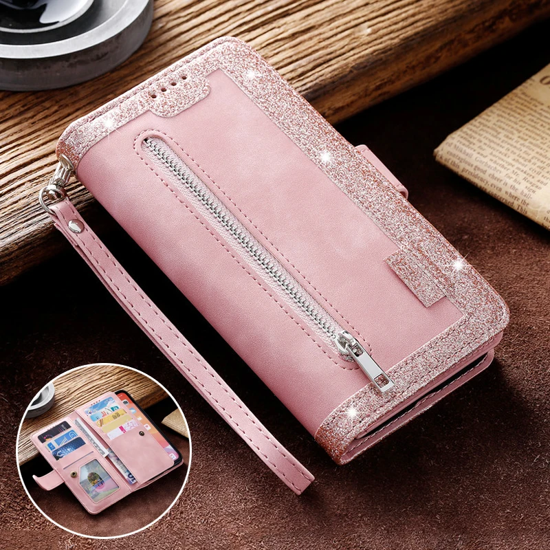 

Card Flip Leather Wallet Case For Samsung Galaxy S23 S22 Ultra S21 S20 FE S10 S10E S9 S8 Plus Note 20 10 9 Zipper Phone Bag Case