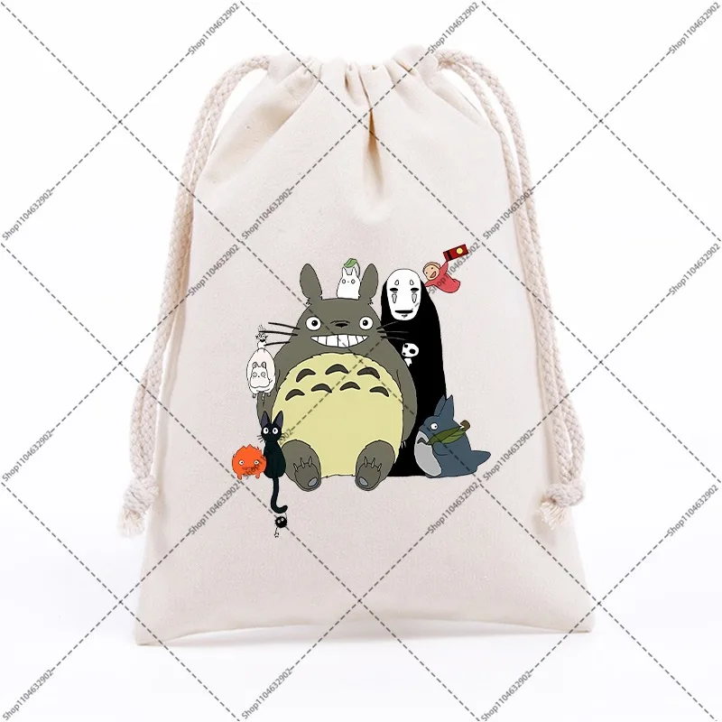 Totoro Cotton Cute Drawstring Pockets Small Gift Bags Cartoon Anime Graphic Print Portable Storage Bag Birthday Party Gifts New view 3