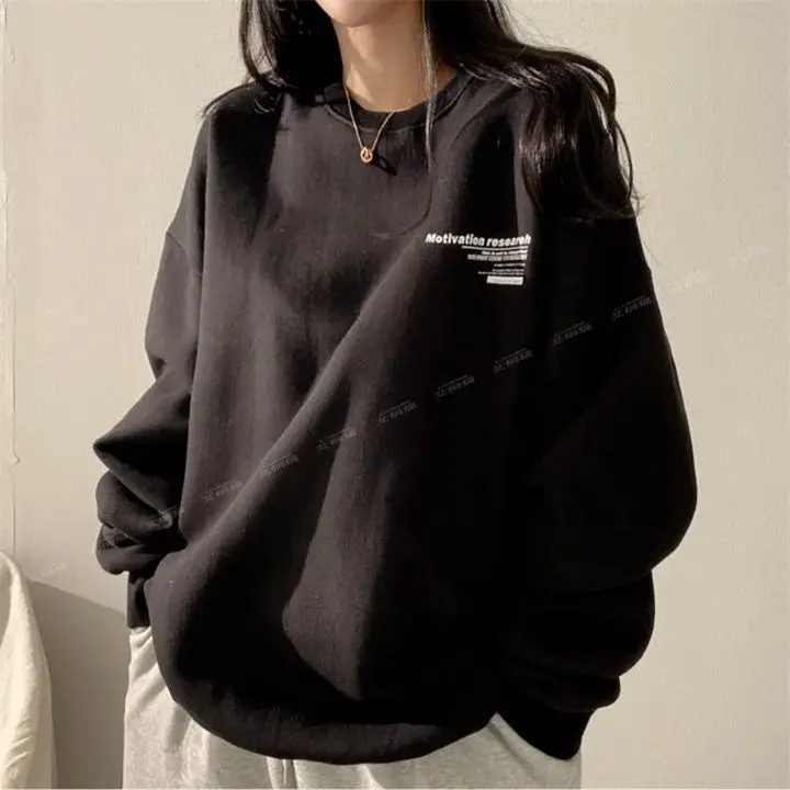 Sweatshirt women\'s mid-length 2024 new Korean style letter niche cotton loose spring autumn winter velvet top thin y2k tops emo