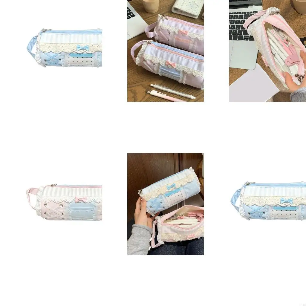 Large Capacity Polyester Pencil Case Lace Trim Pen Bag with Zippered Opening, Carry Handle for Students Writing Tool H8WD
