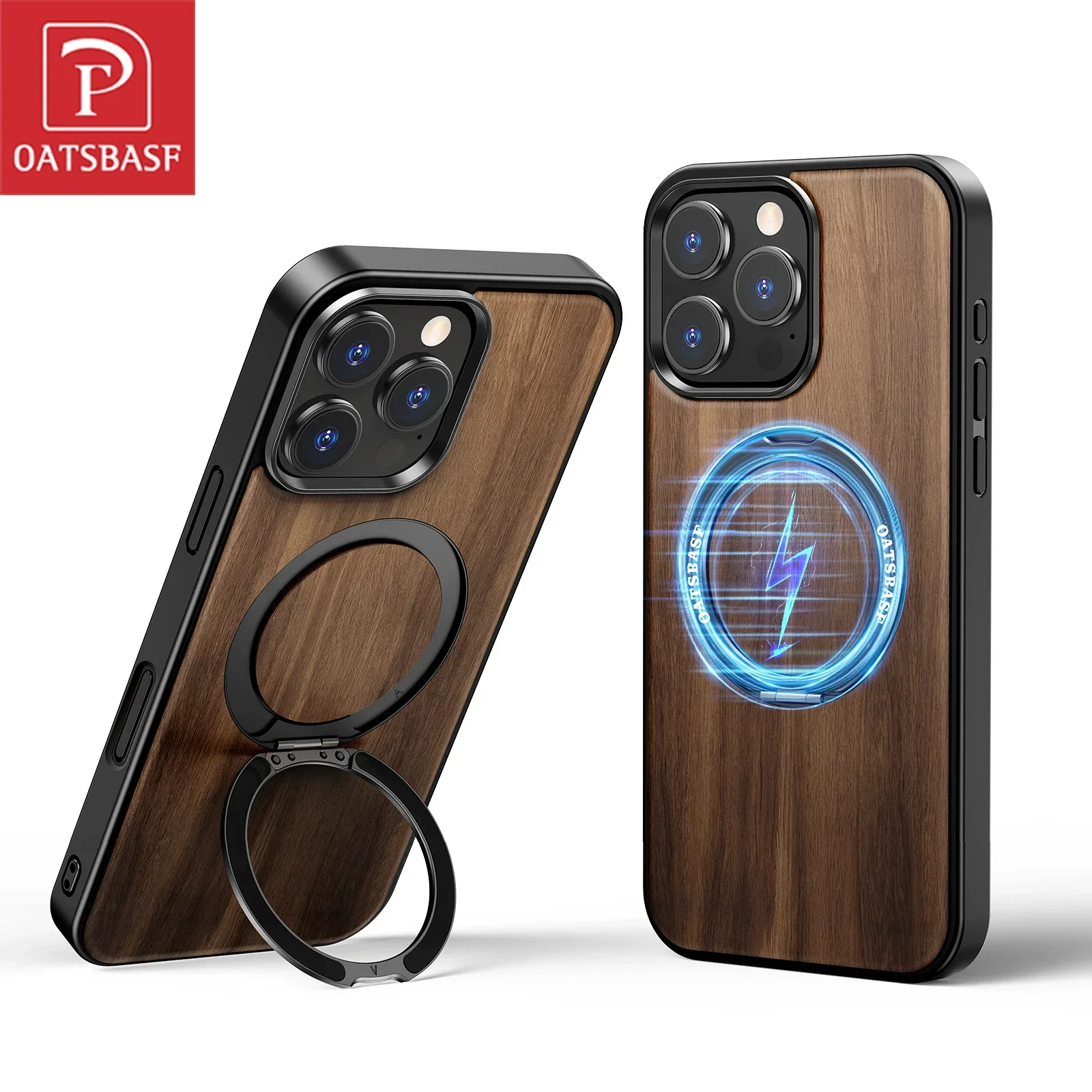 

Oatsbasf Wooden Style Phone Case for iPhone 15/16 Pro 15/16 Pro Max Cover with 360° Rotate Kickstand Shockproof Magnetic Bumper