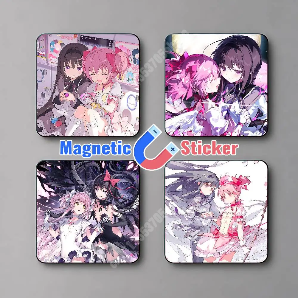 Anime Magica Madoka and Homura Magnetic Sticker Reflective Fridge Decal for Metal Surfaces Magnet Sign