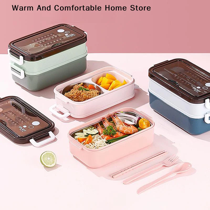【W】Start Season Double-Layer Microwave Oven Lunch Box, Including Soup Bowl, Knife, Fork and Spoon, School Lunch Box