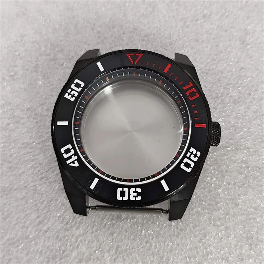 For NH35/NH36 Movement Black 43MM Stainless Steel Watch Case with Black Red Inner Bezel Aluminum Ring Sapphire Crystal Accessory