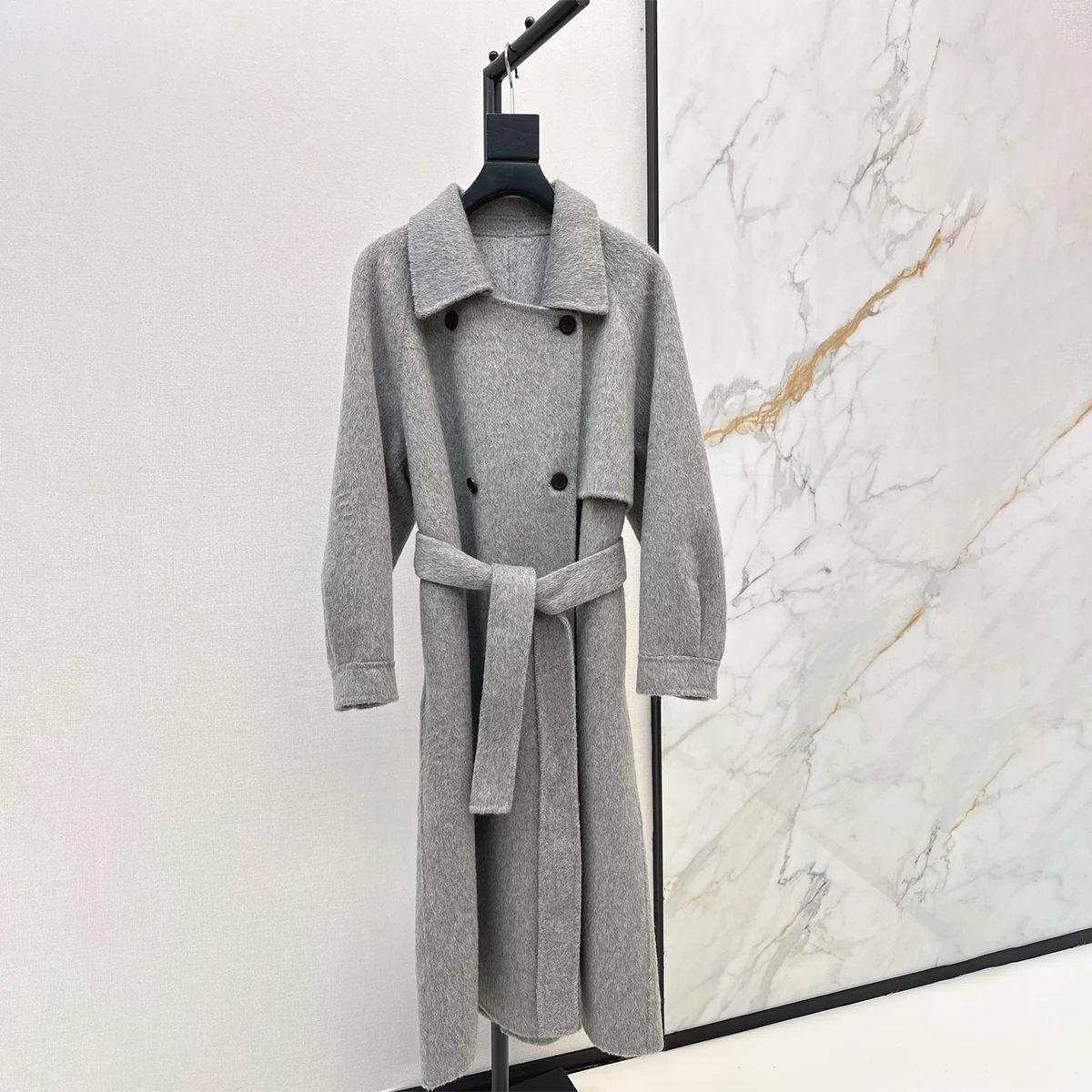 2026 high-quality women's double breasted lace up long double-sided wool coat--26922116