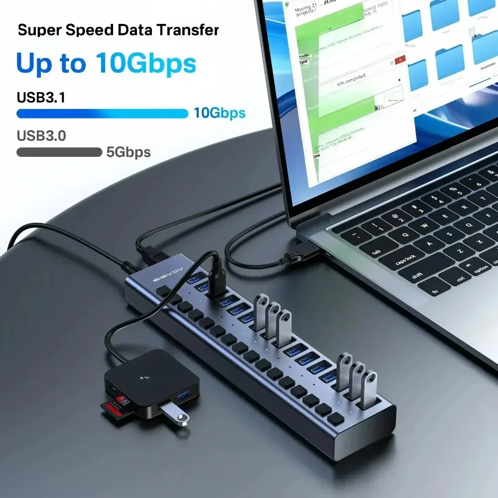 Imagem -02 - Acasis-alumínio Powered Hub Usb 10gbps Usb 3.1 16 Portas Splitter Hub para pc Laptop Macbook Pro Steam Deck Transferência de Dados Carregamento