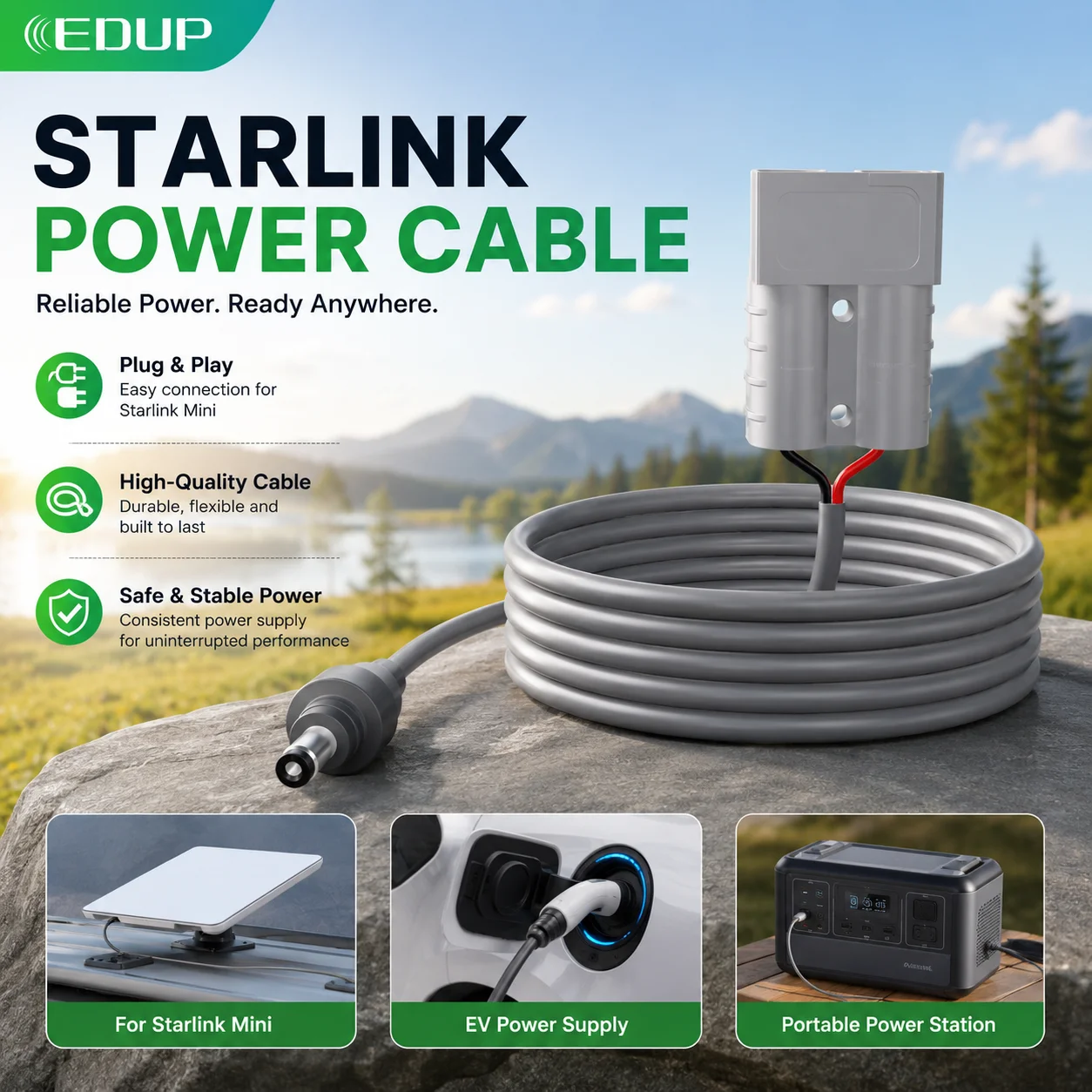 EDUP SK0141 2M/5M Starlink Mini Power Cable Anderson Connector 50A 600V Waterproof for RV Solar Off‑Grid System