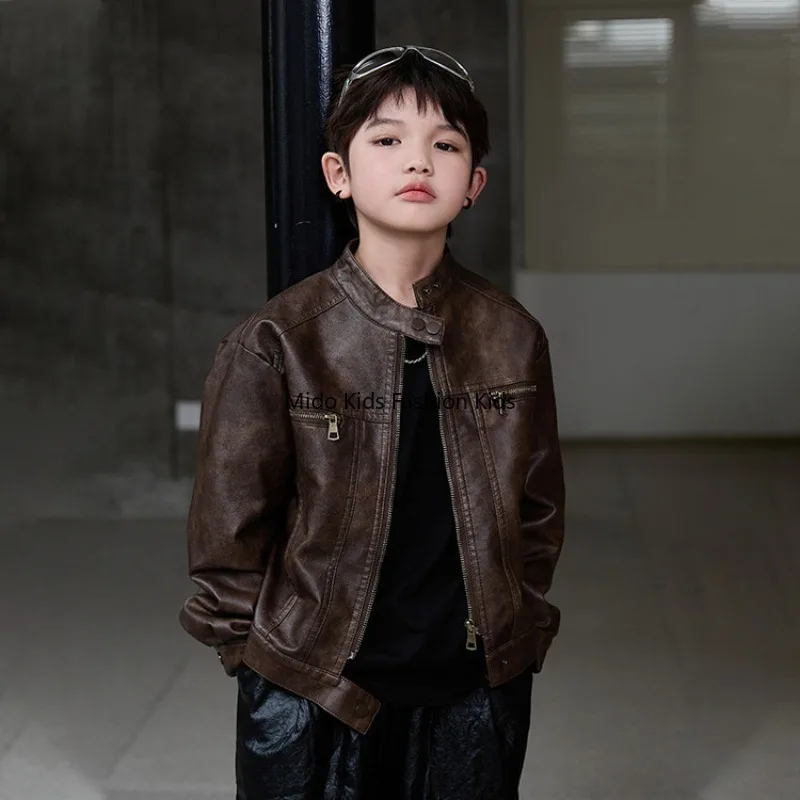 

Кожаная куртка для мальчиков, весенне-осенняя куртка в байкерском стиле для мальчиков, острая стильная детская весенняя кожаная куртка, модная